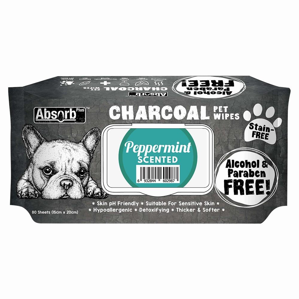 Absorb Plus Charcoal Pet Wipes Peppermint Scented 15cm x 20cm - 80sheets