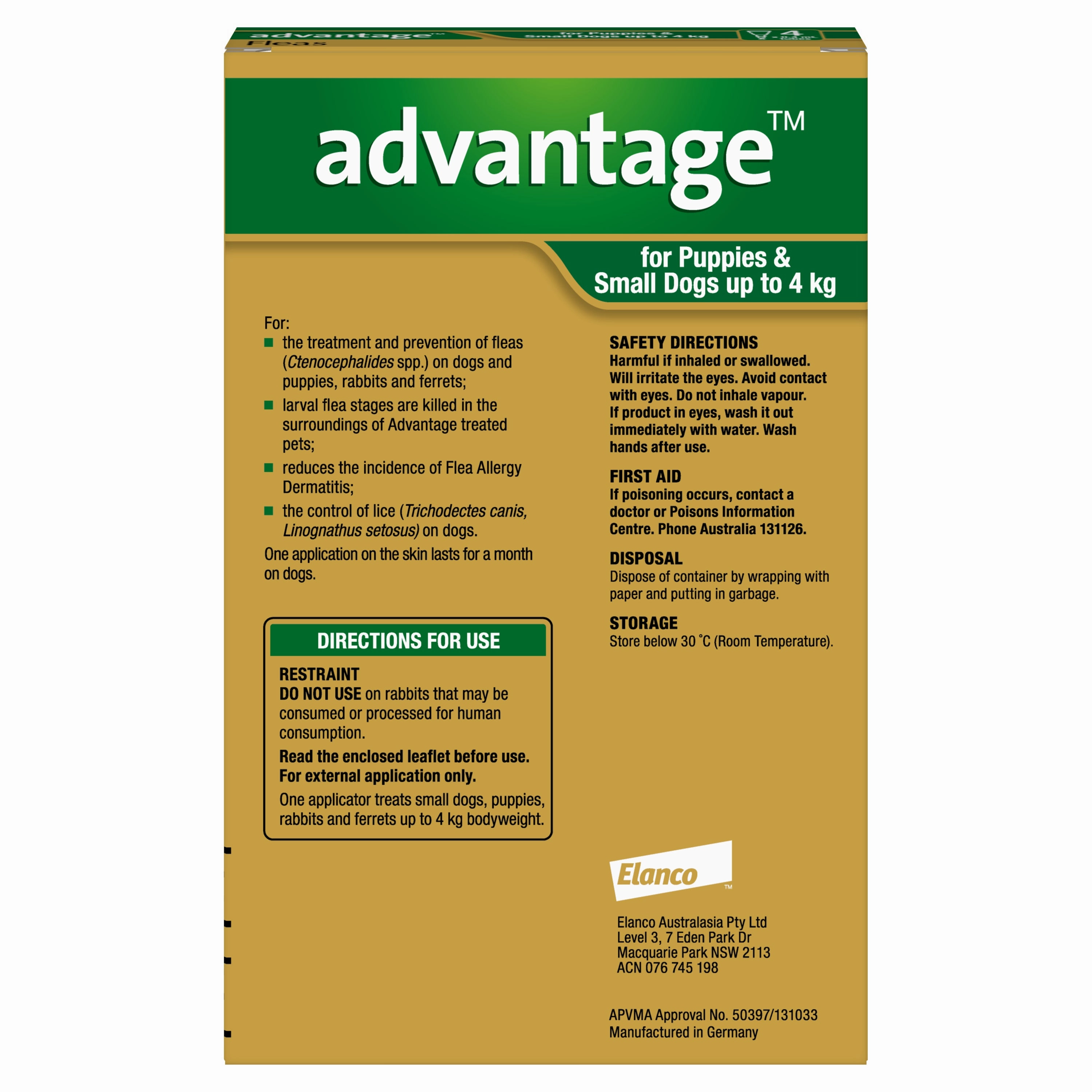 Advantage - Flea Treatment for Puppies and Dogs up to 4kg (4pk)