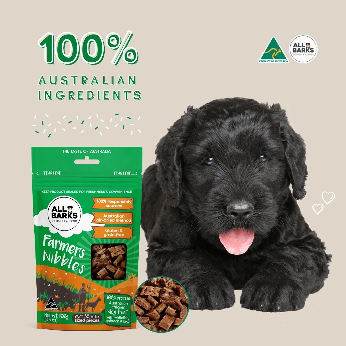 All Barks - Farmers Nibbles Chicken & Whitefish & Spinach & Kelp (100g)