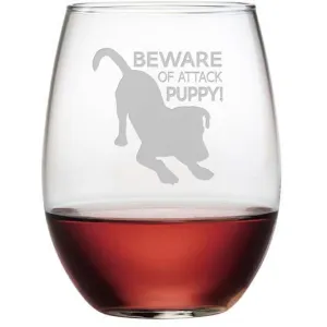 Beware Of Attack Puppy Stemless Wine Glasses, Set Of 4