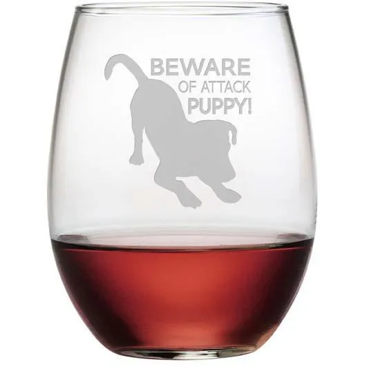Beware Of Attack Puppy Stemless Wine Glasses, Set Of 4