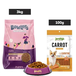 Bowlers Chicken & Milk Nutrimax Puppy Dog Dry Food and JerHigh Carrot Sticks Dog Treats Combo