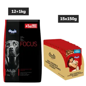 Drools Focus Super Premium Dry Food and Chicken & Chicken Liver Chunks in Gravy Puppy Dog Wet Food Combo