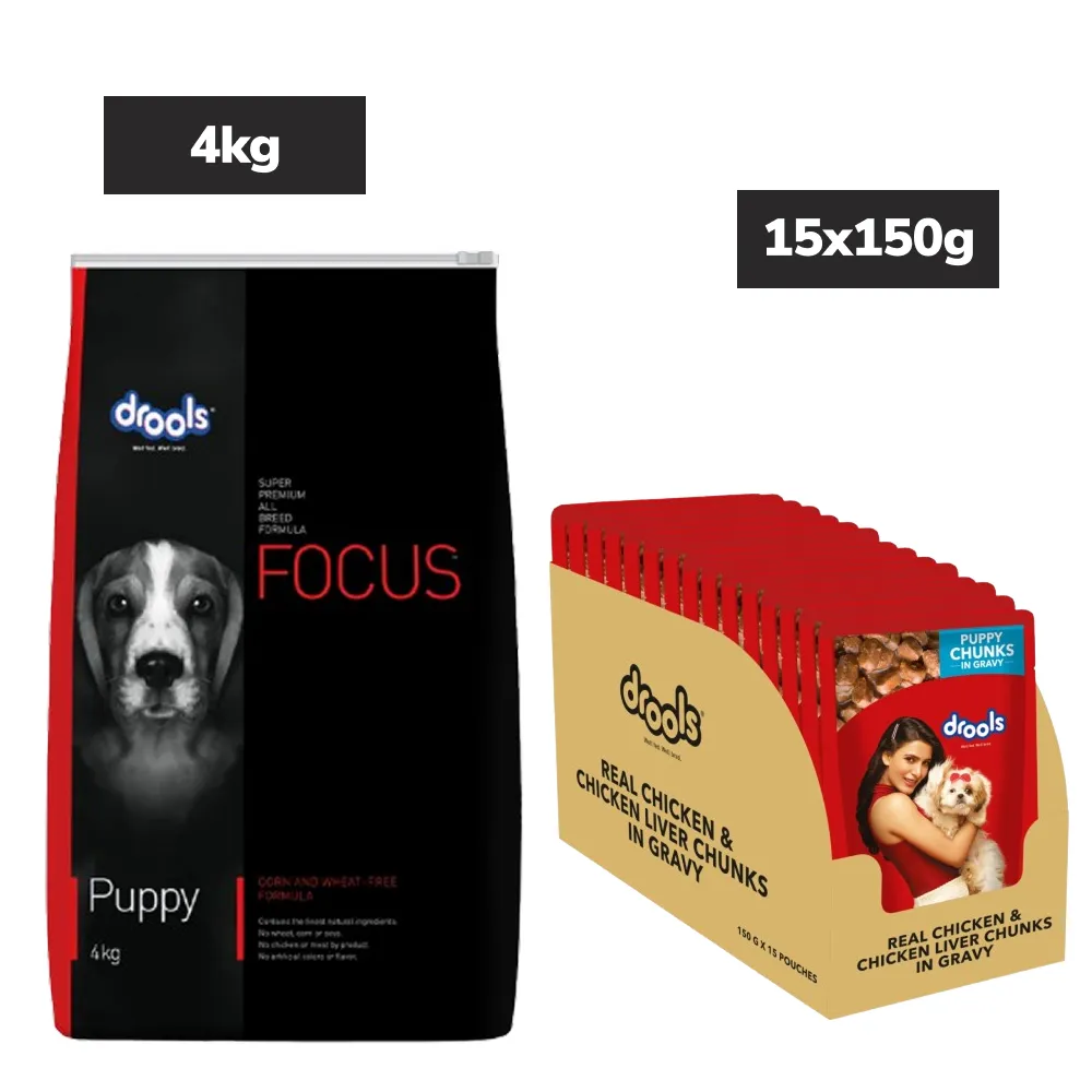 Drools Focus Super Premium Dry Food and Chicken & Chicken Liver Chunks in Gravy Puppy Dog Wet Food Combo