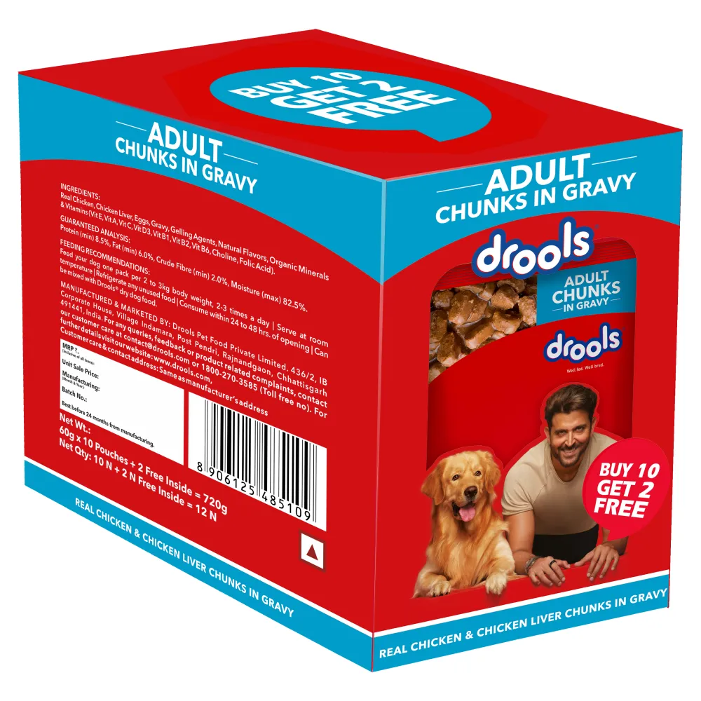 Drools Real Chicken & Chicken Liver Chunks in Gravy Adult Dog Wet Food (60g)