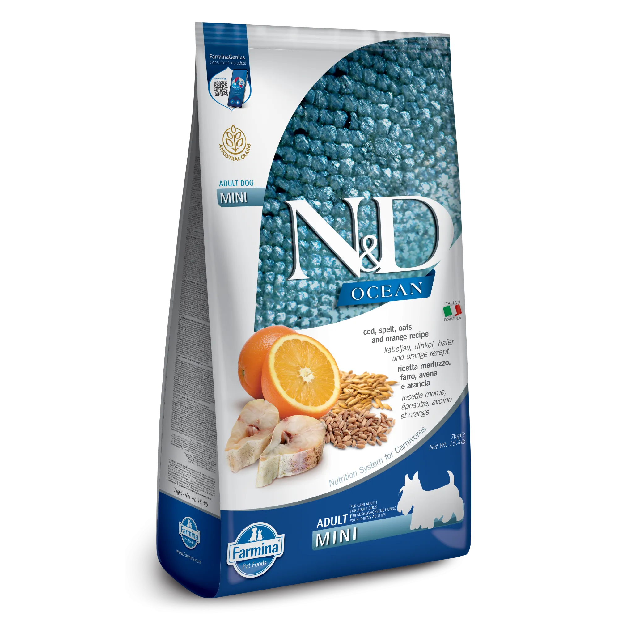 Farmina N&D Ocean Ancestral Grain Cod, Spelt, Oats & Orange Mini Adult Dry Dog Food