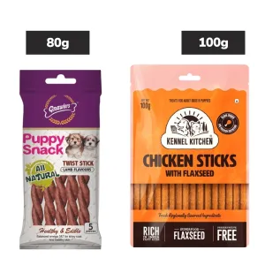 Gnawlers Puppy Snack Lamb Twist Stick, Kennel Kitchen Chicken Flaxseed Stick Dog Treats Combo