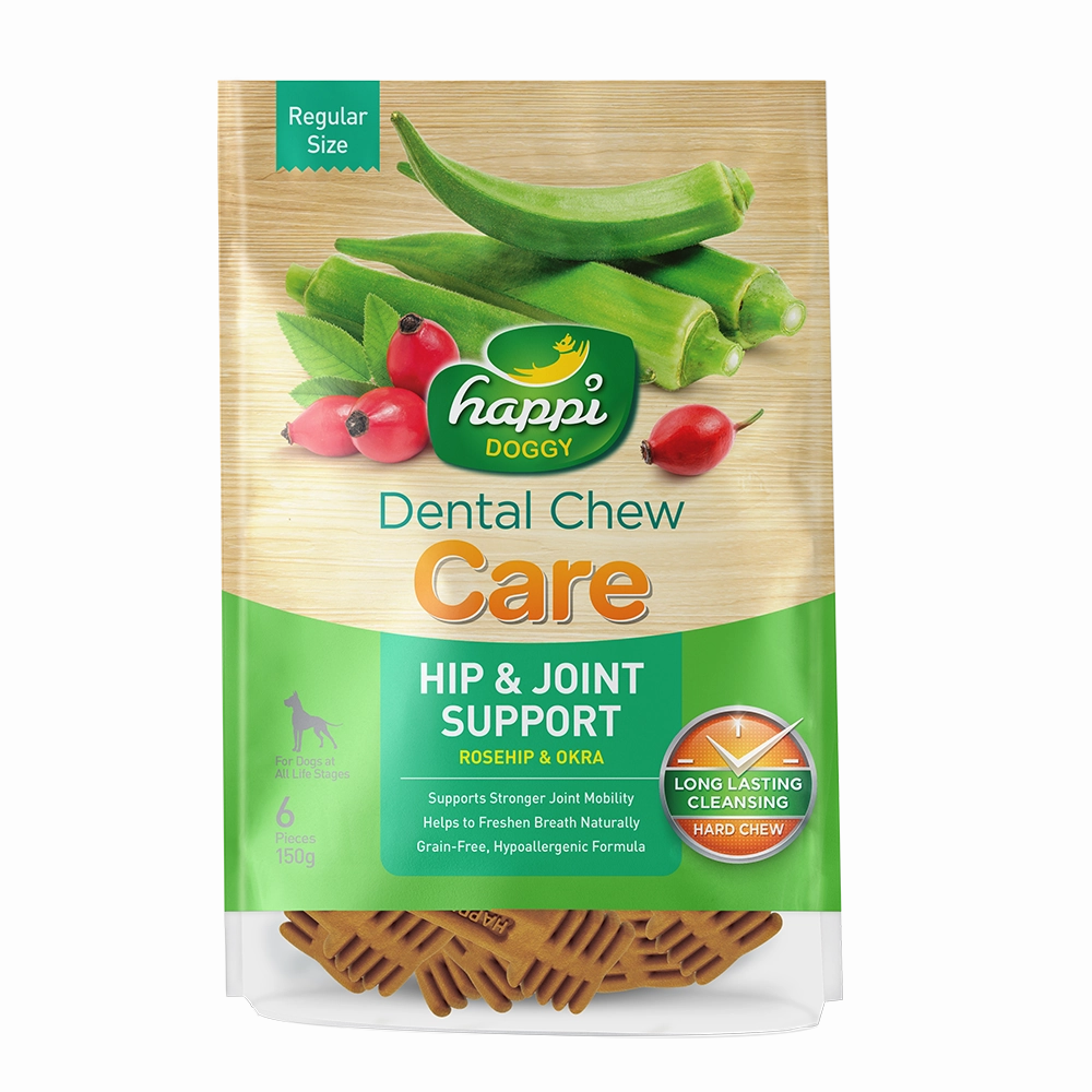 Happi Doggy Dental Chew Care Hard Chew Hip & Joint Support Rosehip & Okra Regular 150g