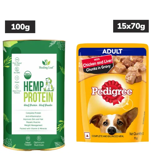 Healing Leaf Hemp Protein Powder and Pedigree Chicken and Liver Chunks in Gravy Adult Wet Food Combo for Dogs