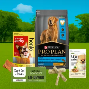 Henlo Jerky, JerHigh Soft, Bark Out Loud En Dewor Dewormer, Pro Plan Dry Food & Goofy Tails Chew Toy Limited Dog Hamper
