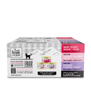 I and Love and You Beef, Right Meow!, Savory Salmon, and Purrky Turkey Pate Multi-Pack Canned Cat Food