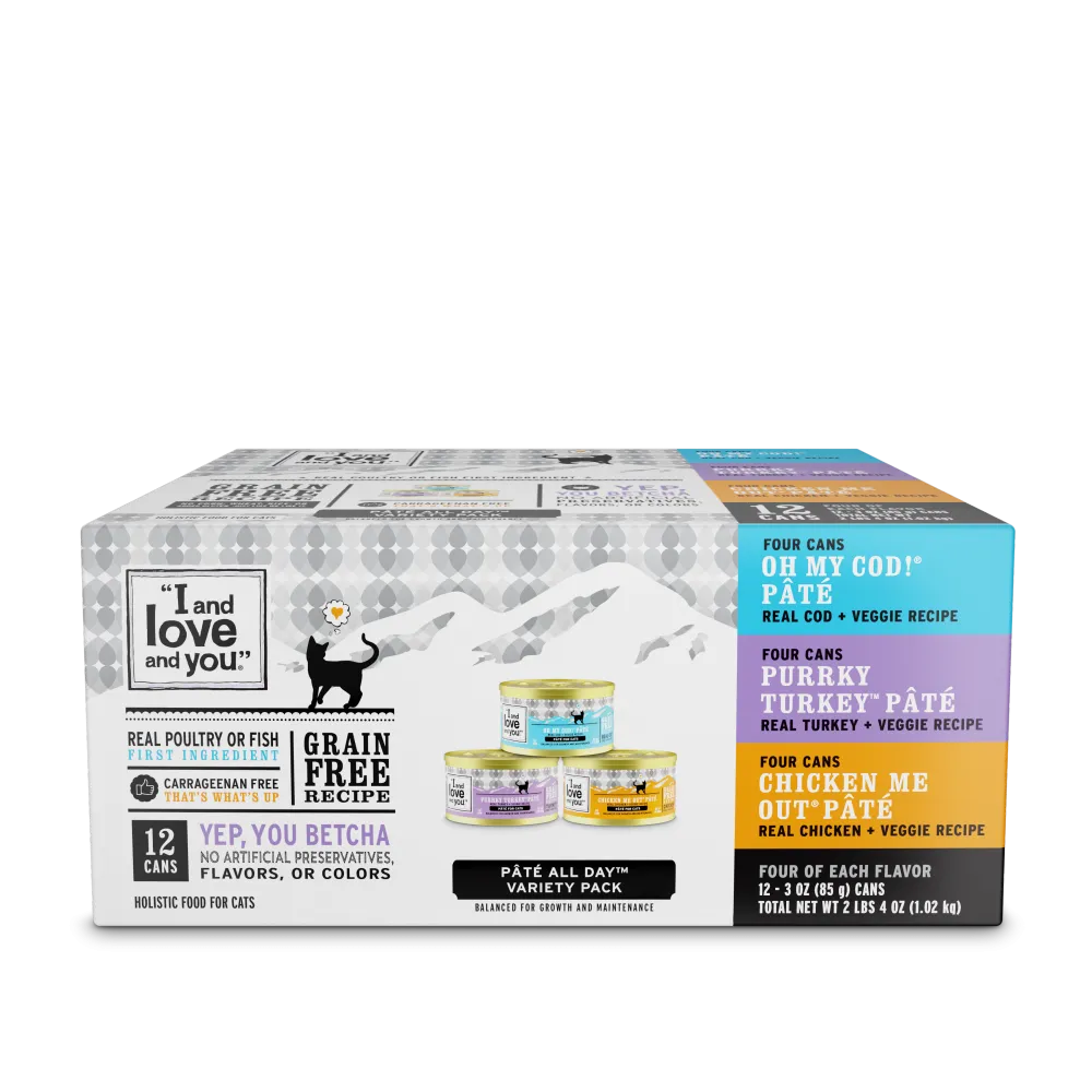 I and Love and You Grain Free Oh My Cod!, Purrkey Turkey, Chicken Me Out Multi-Pack Canned Cat Food