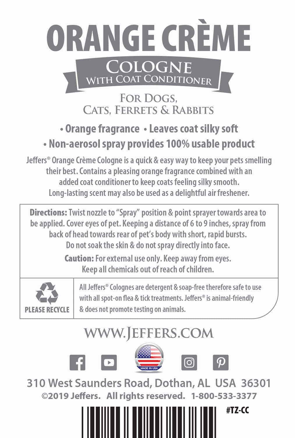 Jeffers Pet Colognes with Coat Conditioner, 16 oz Spray