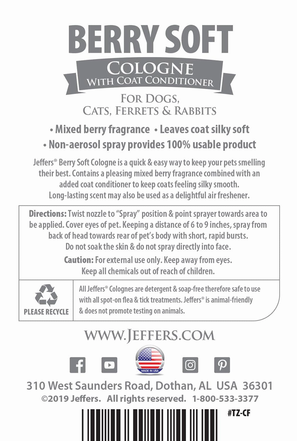 Jeffers Pet Colognes with Coat Conditioner, 16 oz Spray