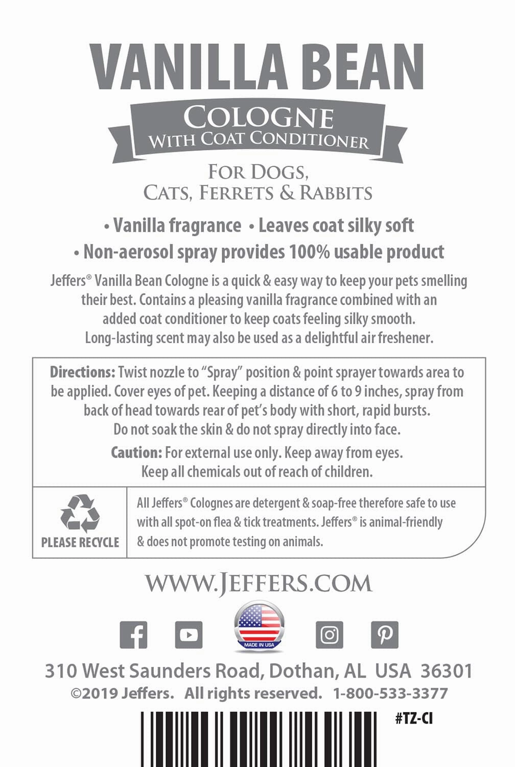 Jeffers Pet Colognes with Coat Conditioner, 16 oz Spray