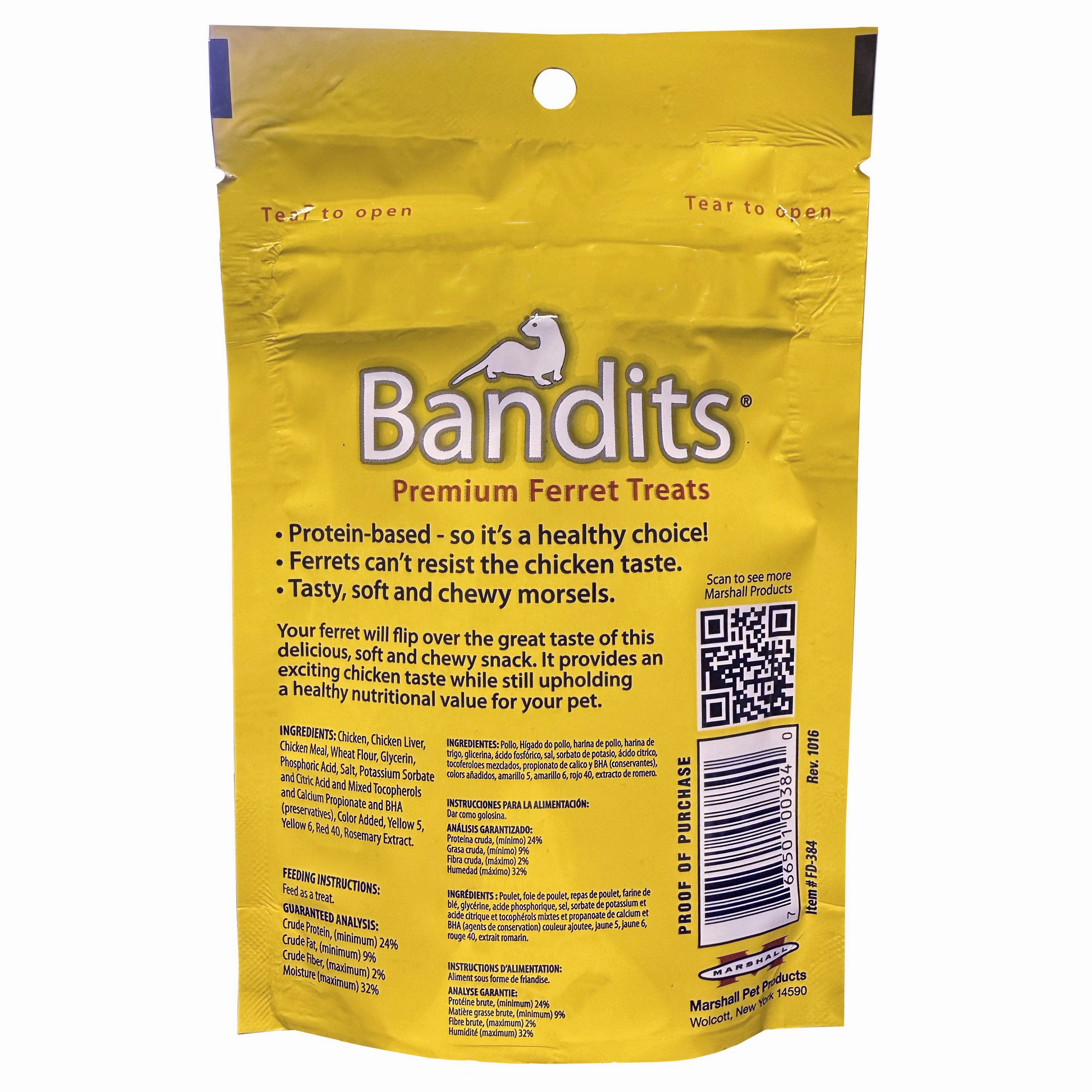 Marshall Bandits Ferret Treat, Chicken Flavor, Dry, 3 oz Bag