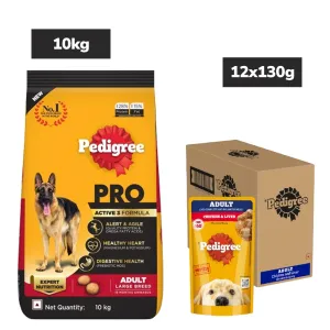 Pedigree PRO Expert Nutrition Active Adult Large Breed Dry Food and Pedigree Chicken & Liver Chunks in Gravy Adult Dog Wet Food Combo