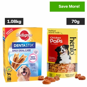 Pedigree Dentastix Oral Care for Adult (Large Breed of 25 kg ) and Henlo Chicken Pops Dog Treats Combo