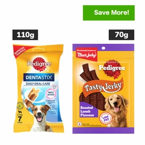 Pedigree Dentastix Oral Care for Adult (Small Breed of 5 to 10 kg) and Roasted Lamb Tasty Jerky Dog Treats Combo
