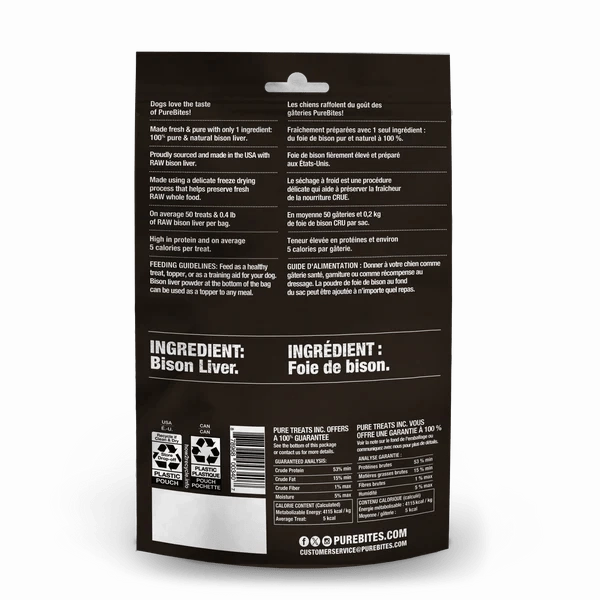 PureBites Wild Freeze Dried Bison Liver Dog Treats, 60g