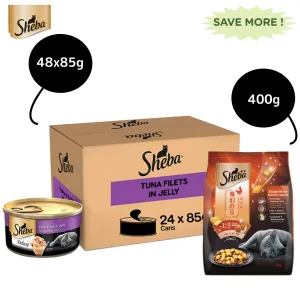 Sheba Pure Tuna Filets in Jelly Premium Cat Wet Food and Chicken Flavour Irresistible Cat Dry Food Combo