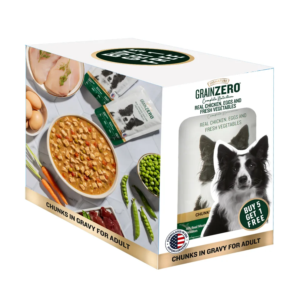 Signature Grain Zero Chicken Chunks Gravy Wet Food, JerHigh Carrot Sticks Dogs Treat Combo