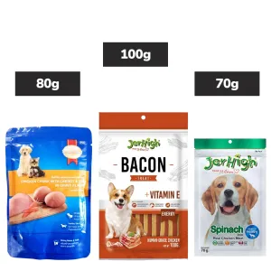 SmartHeart Chicken Carrot Egg Puppy Wet Food, JerHigh Chicken Bacon Treat, JerHigh Chicken Spinach Treats Dogs Combo