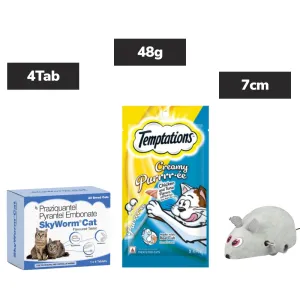Temptations Creamy Purrrr-ee Chicken & Tuna Treats, Skyec Skyworm Deworming Tablet, Trixie Wind Up Mouse Toy (Grey) Cat Combo
