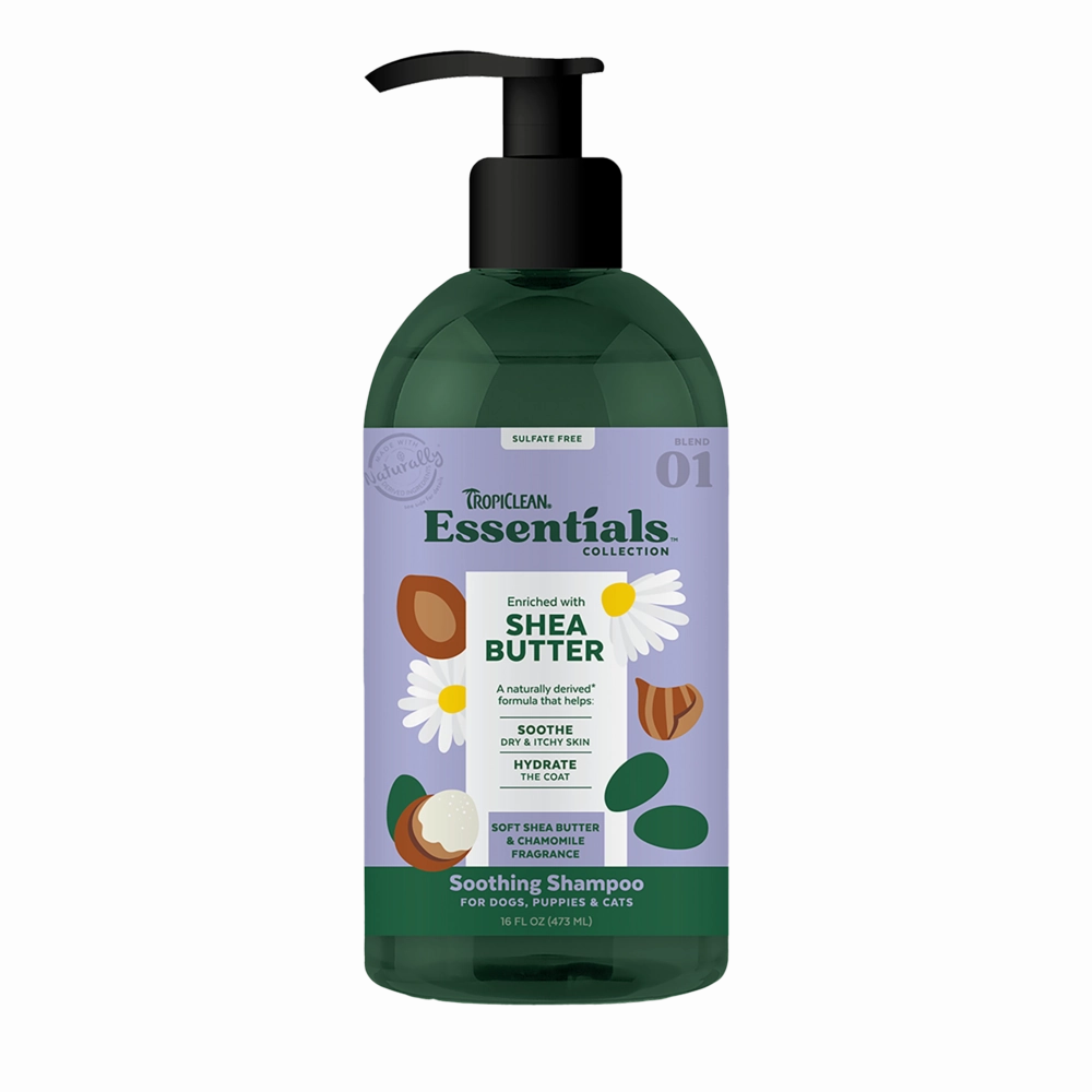 TropiClean Essentials Soothing Shampoo Shea Butter - Soft Shea Butter & Chamomile for Dogs, Puppies & Cats 16oz